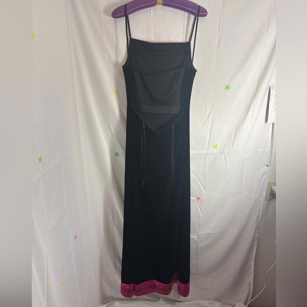 VTG 90s Whimsigoth Black Velvet Magenta Satin Rose Embroidered Maxi Dress Size L - Picture 12 of 16